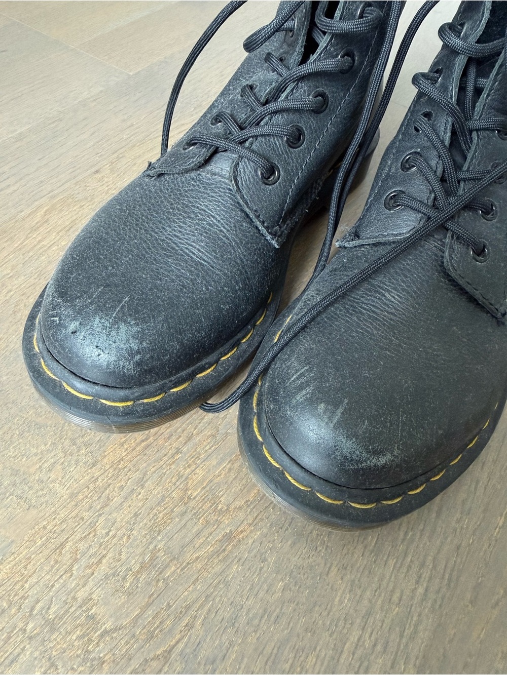 Dr. Martens Black Leather 8-Eye Lace-Up Boots with Yellow Stitching - Picture 3 of 4